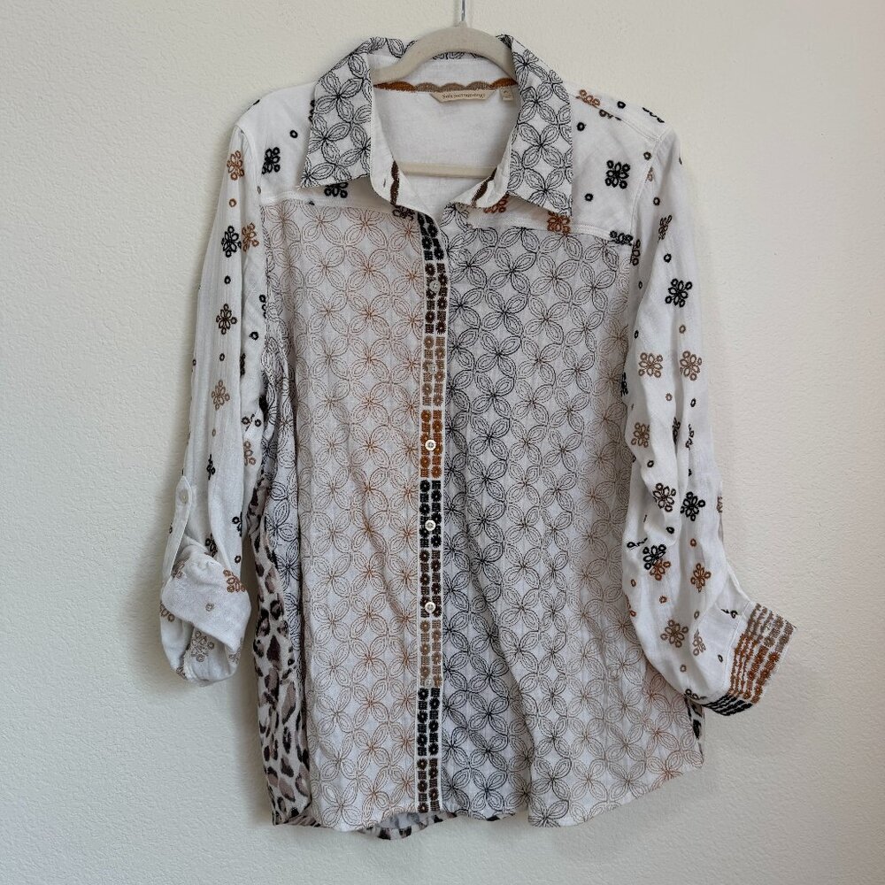 Soft Surroundings Mixed Print Cotton Gauze Button Front Shirt Boho Embroidered - Picture 2 of 9